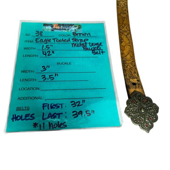 Western Leather Fancy Buckle Belt SZ 38 Women’s Brown Large Buckle Tooled Eagle - Picture 10 of 10